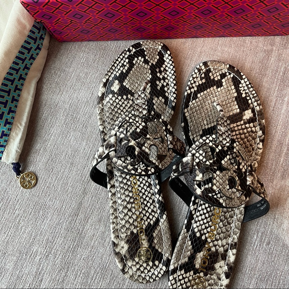 Tory Burch Miller sandals in white/black snakeskin